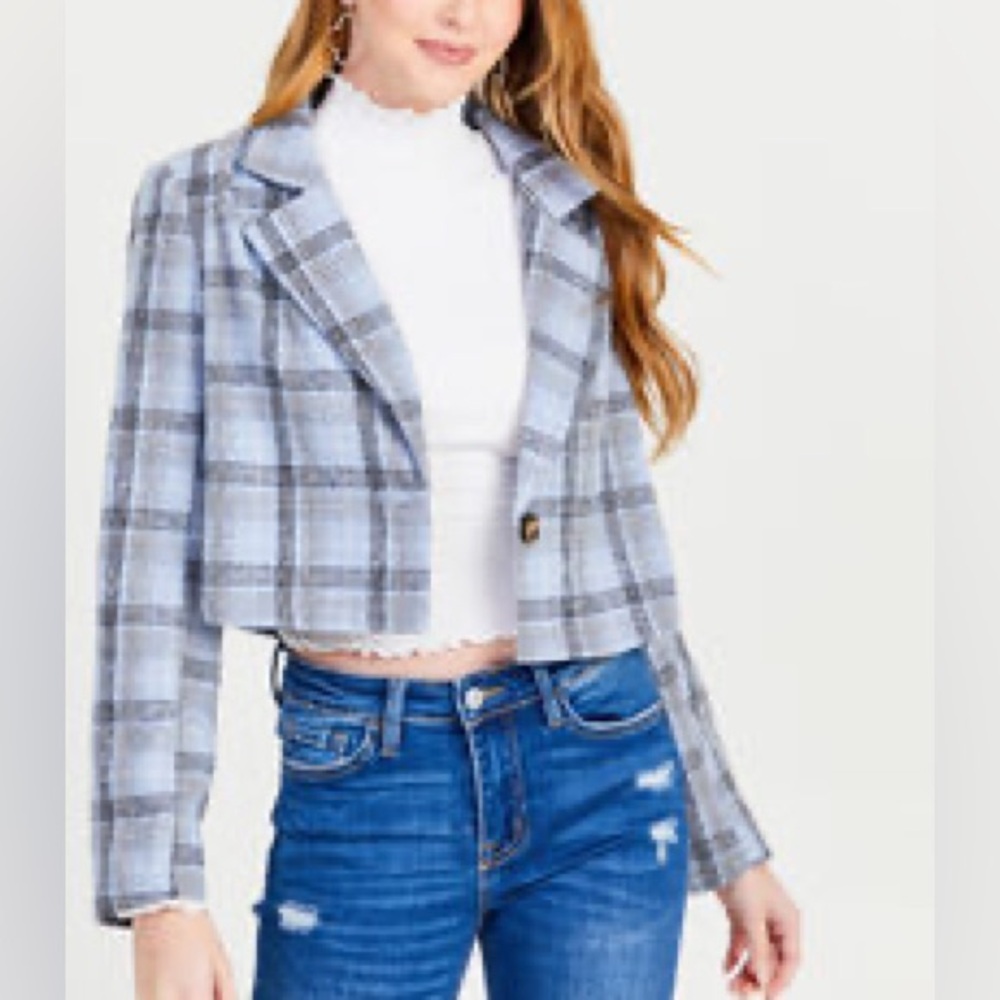 NWT Altar’d State Soft Plaid Light Powder Blue Cropped Button Blazer